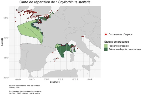 carte de répartition de Scyliorhinus stellaris Répartition Scyliorhinus stellaris