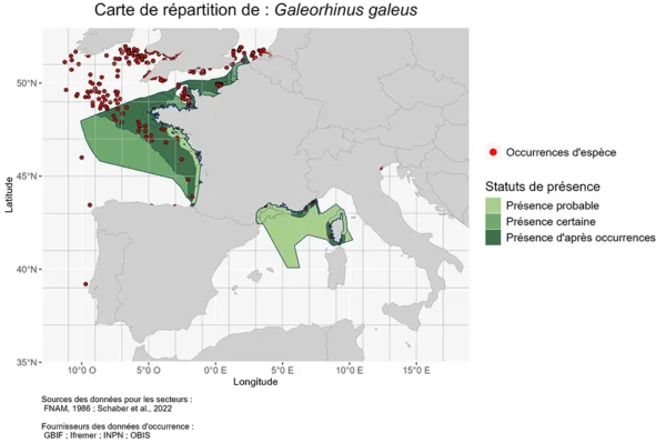 Carte de répartition de Galeorhinus galeus - Requin hâ Répartition Galeorhinus galeus